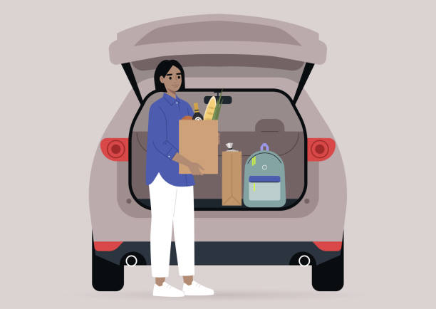 자동차 트렁크에서 식료품 가방을 복용 하는 젊은 여성 캐릭터, 일상 적인 장면 - hatchback stock illustrations