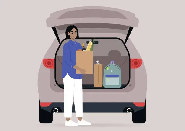 Vector illustration of A young female character taking grocery bags from their car trunk, a daily routine scene