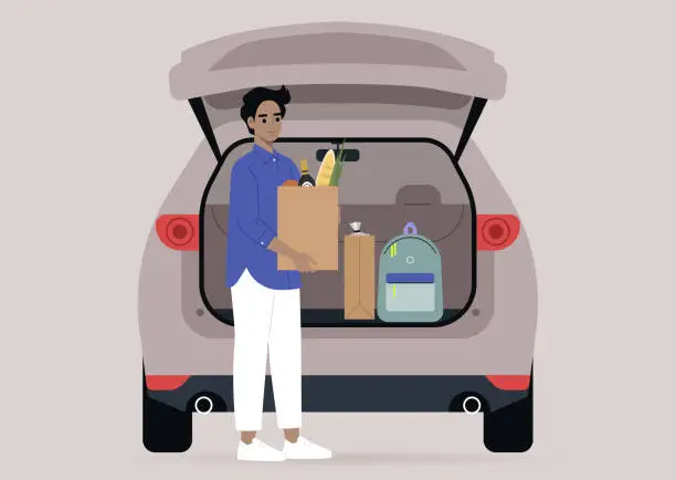 Vector illustration of A young male character taking grocery bags from their car trunk, a daily routine scene