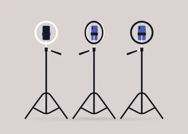 Vector illustration of An isolated tripod with a ring light and a smartphone installed inside it, three points of view, side, back, and front
