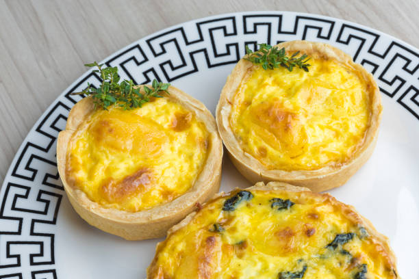 istock three roasted lorraine quiches on a patterned plate, wooden base, 1324922439