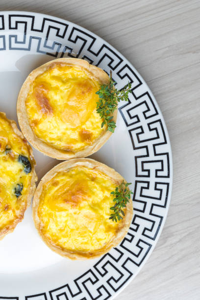 istock three roasted lorraine quiches on a patterned plate, wooden base, 1324922440
