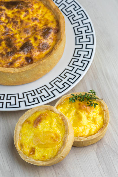 istock three roasted lorraine quiches on a patterned plate, wooden base, 1324922441