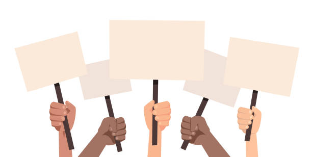 People holding placards isolated on white background. People holding placards isolated on white background. People against violence, descrimination, human rights. Protesters concept. Vector stock Placard stock illustrations