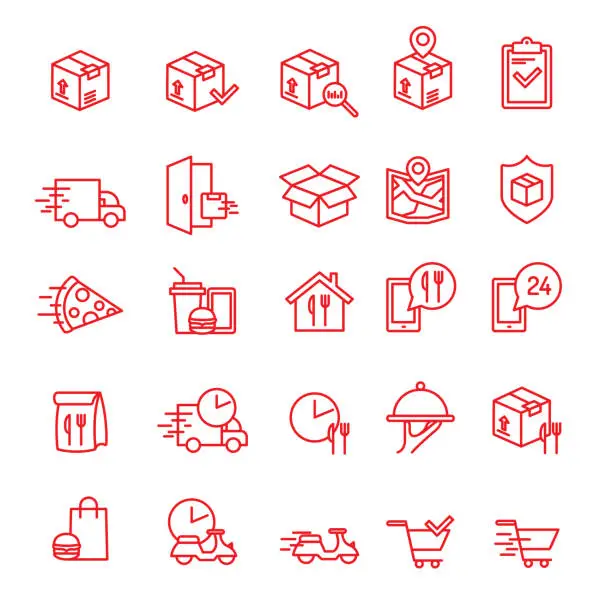 Vector illustration of Line art red delivery icons