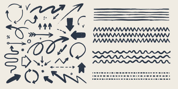 abstract arrows and brushes set. various doodle arrows and art strokes with grunge texture. hand-drawn abstract vintage infographic vector collection. add in the brush panel as art or pattern brush - 鋸齒狀 幅插畫檔、美工圖案、卡通及圖標