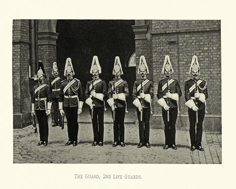 Vintage photograph The Guard, 2nd Life Guards, Victorian British Army, 19th Century. The Life Guards (LG) is the senior regiment of the British Army and part of the Household Cavalry.