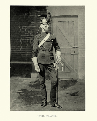 Vintage photograph Trooper of 5th Lancers, Victorian British army cavalry soldier, 19th Century. The 5th Royal Irish Lancers was a cavalry regiment of the British Army. It saw service for three centuries, including the First World War.