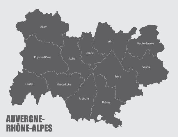 Auvergne-Rhone-Alpes administrative map Auvergne-Rhone-Alpes administrative map divided in departments with labels, France rhone alpes stock illustrations