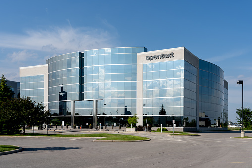 Richmond Hill, On, Canada - June 20, 2021: OpenText  office building in Richmond Hill, Ontario, Canada. OpenText is a Canadian company that develops and sells EIM software.