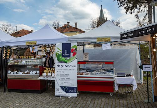 Targu Mures, Transylvania, Romania – April 23 2021:  Images from the traditional products fair on April 23, 2021 in  Targu-Mures.