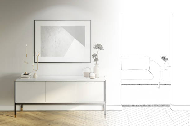istock The sketch becomes a real modern interior with an illuminated horizontal poster above a cabinet with decor, a doorway to a room with a sofa, and a coffee table with a parquet floor. 1324932118