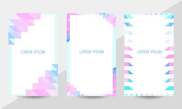 Vector illustration of Light blue and pink triangular simple vector flyer or business brochure template background set. Bright geometric pattern in rhombus and square style with gradient colors for creative print design