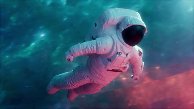 Astronaut in space vortex tunnel loop 3d animation. Neon space retrowave background
