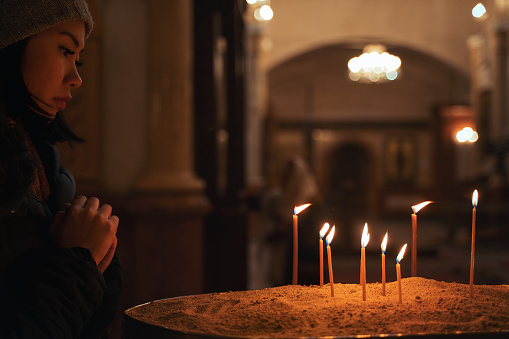 Praying, Church, Candlelight, Christianity, Religion