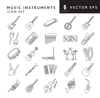 Vector illustration of a set of instrument icons on white background. No white box behind each icon. Fully editable stroke. Simple icons include electric guitar, acoustic guitar, harmonica, banjo, electric bass, Maraca, keyboard, chimes, dj turntable, trombone, tambourine, fiddle, Theremin, drums, harp, cow bell, clarinet, accordion, lap guitar, mandolin, trumpet, steel guitar, cello, French horn, saxophone. Vector eps 10 and high resolution jpg in download.