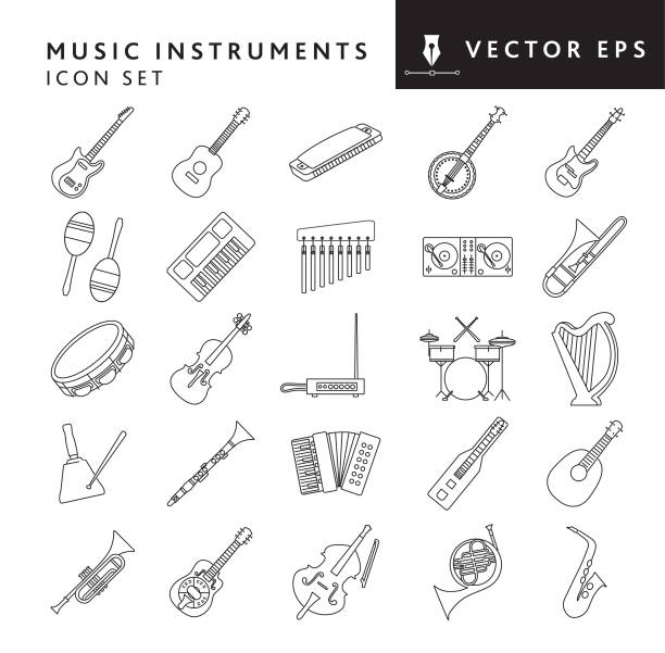 Musical instruments and elements big thin line Icon set on white background - editable stroke Vector illustration of a set of instrument icons on white background. No white box behind each icon. Fully editable stroke. Simple icons include electric guitar, acoustic guitar, harmonica, banjo, electric bass, Maraca, keyboard, chimes, dj turntable, trombone, tambourine, fiddle, Theremin, drums, harp, cow bell, clarinet, accordion, lap guitar, mandolin, trumpet, steel guitar, cello, French horn, saxophone. Vector eps 10 and high resolution jpg in download. harmonica stock illustrations