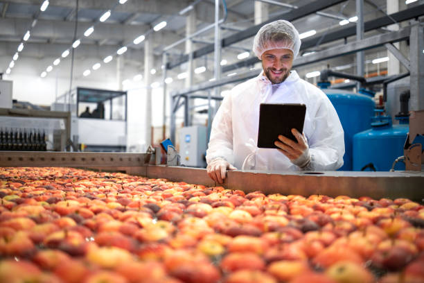 istock Technologist standing in food processing factory and checking quality of apple fruit. 1324944154