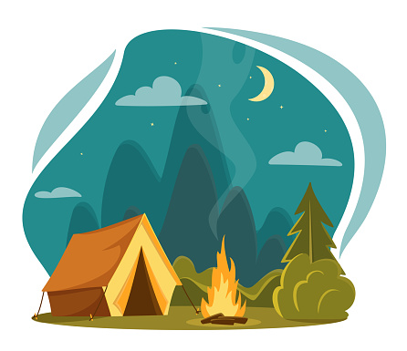 Vector flat cartoon camping illustration. Family Adventure. Night landscape with tent, campfire, rocky mountains, forest. Background for summer camp, nature tourism, camping or hiking design concept.