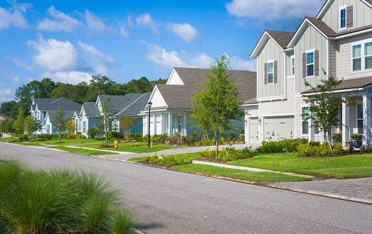 A row of newly built upscale luxury homes on a well landscaped street in St. Augustine, Florida.