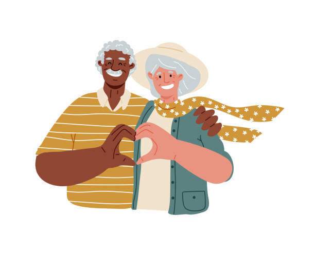 ilustraciones, imágenes clip art, dibujos animados e iconos de stock de personas mayores haciendo corazón con los dedos y sonriendo, amor, relaciones románticas. pareja multirracial de ancianos. ilustración plana vectorial. - anciano