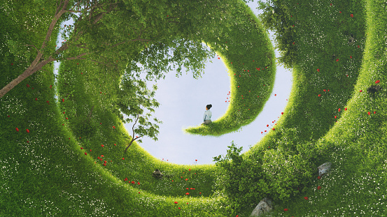 A female sitting at the end of a bizarre garden on a spiral landscape. All items in the scene are 3D