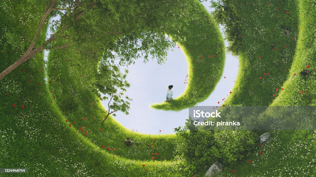 A green spiral A female sitting at the end of a bizarre garden on a spiral landscape. All items in the scene are 3D Dreamlike Stock Photo