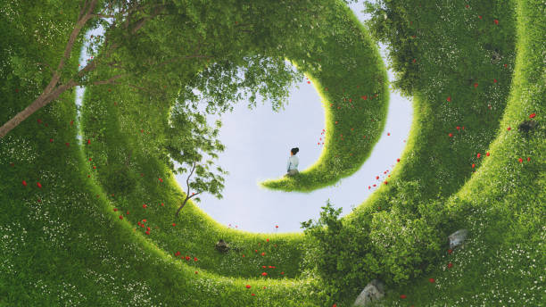 A green spiral A female sitting at the end of a bizarre garden on a spiral landscape. All items in the scene are 3D dreamlike stock pictures, royalty-free photos & images