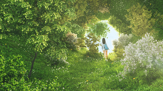 A female walking in a bizarre garden on a circular landscape. All items in the scene are 3D