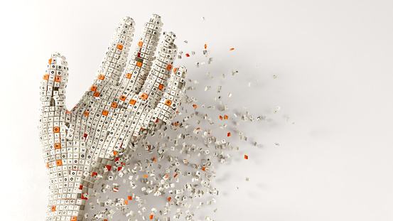 Human hand made of keyboard keys (Keys have letters CRYPT and the Bitcoin sign on them)