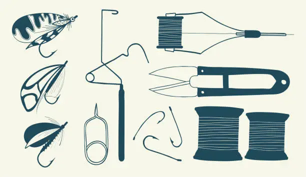 Vector illustration of Set of fly fishing tools.