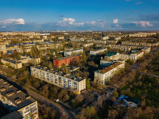 istock Evening spring Volgograd cityscape at sunset, aerial view 1324954878