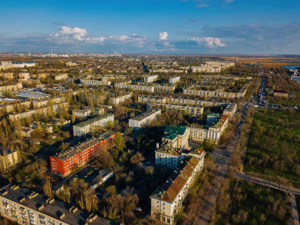 istock Evening spring Volgograd cityscape at sunset, aerial view 1324954911