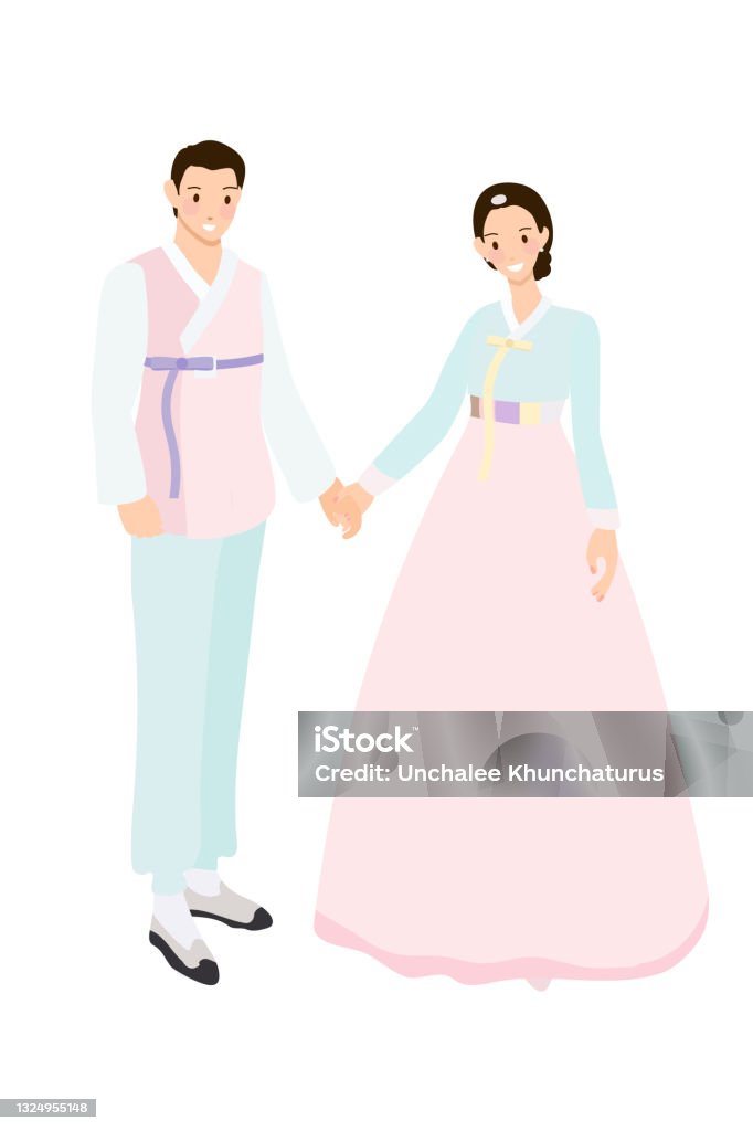 Korean Couple In Traditional Dress For Wedding Or Chuseok Flat Style Stock  Illustration - Download Image Now - iStock