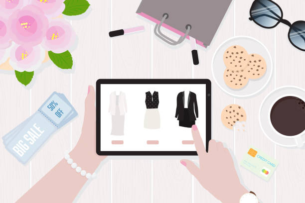 istock woman hands holding mobile tablet online shopping concept top view flat style 1324957515