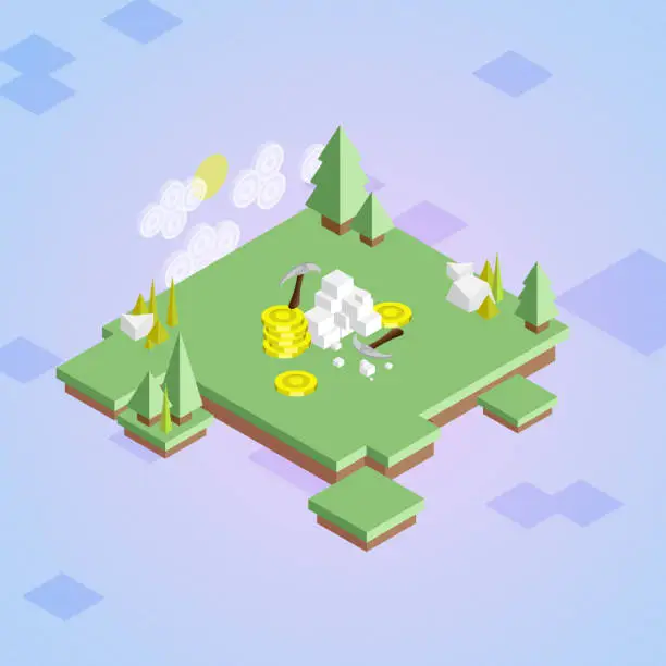 Vector illustration of Isometric Crypto Mining - Cryptocurrency Video Game Concept