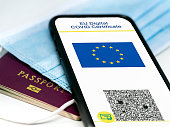EU Digital COVID Certificate with the QR code on the screen of a mobile phone over a surgical mask and a passport