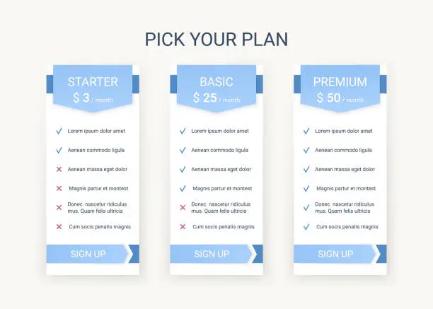 Vector illustration of Price table comparison template with 3 columns. Vector illustration.