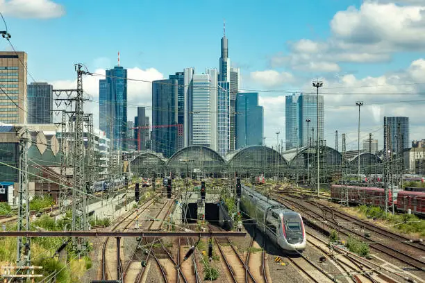 viewto entrance of Frankfurt central train station with skyline in background
