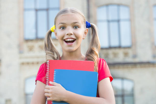 istock School education concept. Achieving high standards. Cute little bookworm. Cute smiling small child hold books educational institution background. Little girl school student. Secondary school student 1324964928