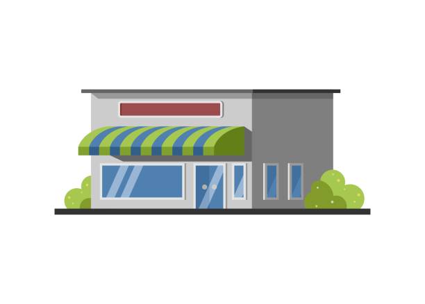 Shop building. Simple flat illustration. Simple illustration of a small shop building. Front and side view. store wall surrounding wall facade stock illustrations