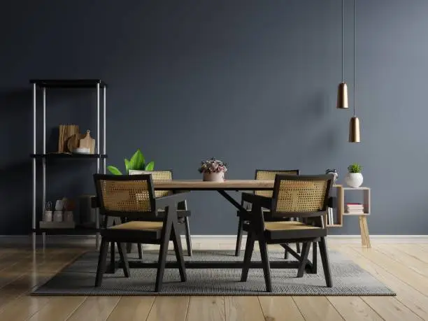 Photo of Modern style kitchen interior design with dark blue wall.