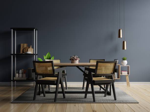 design de interiores de cozinha de estilo moderno com parede azul escuro. - sala de jantar - fotografias e filmes do acervo