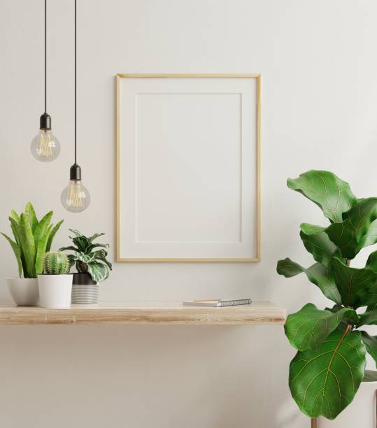 mockup poster interno con cornice verticale in legno sullo sfondo interno della casa. - shelf wall vase indoors foto e immagini stock