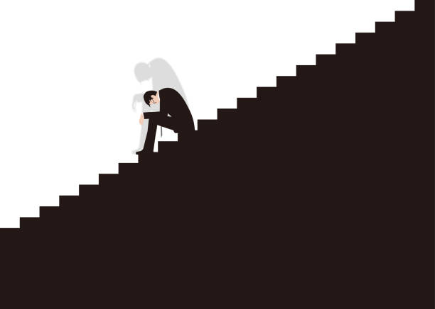 A desperate businessman sitting on the stairs. Vector material A desperate businessman sitting on the stairs. Vector material disappointment stock illustrations