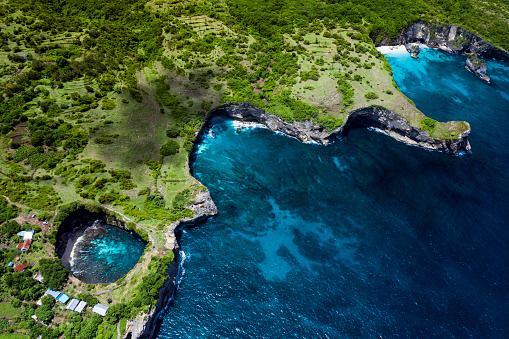 Aerial drone landscape of the famous Broken beach and Billabong coastline located on the island of Nusa Penida in Bali Indonesia.