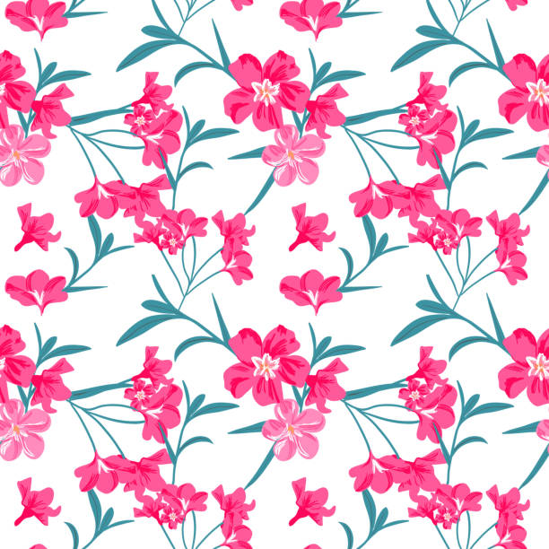 Web Wedding seamless tropical pattern of purple oleander flowers, green leaves. oleander garden stock illustrations