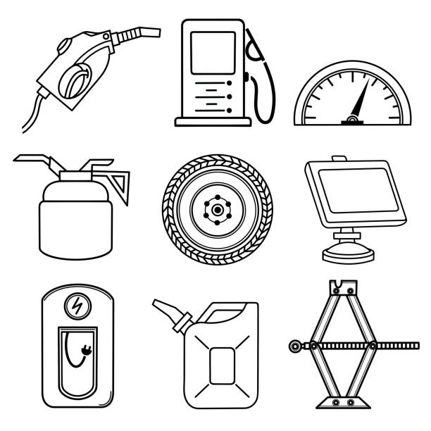 ilustrações de stock, clip art, desenhos animados e ícones de refueling vector icons set. refueling gun, gas station, refueling the car with electricity, speedometer, canister, tire, oil can. isolated illustration on a white background. hand drawn black outline, doodle - gas station fuel pump station gasoline