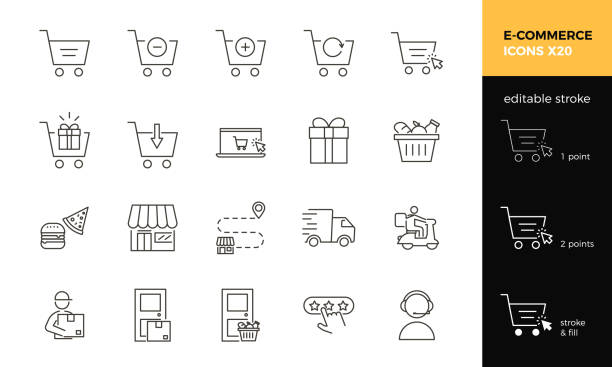전자 상거래와 관련된 20개의 편집 가능한 스트로크 아이콘입니다. 온라인 쇼핑, 배달 서비스, 테이크아웃 음식 및 웹 스토어를 위한 벡터 씬 라인 그래픽 요소 - selling e commerce sale internet stock illustrations
