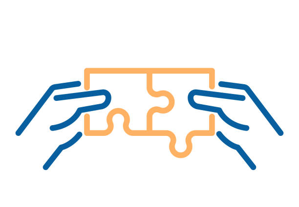 Matching puzzle pieces vector thin line icon. Two hands joining and linking together two pieces of a jigsaw puzzle. Business solutions, ideas, creativity, problem solving and partnerships Vector eps10 strategy clipart stock illustrations